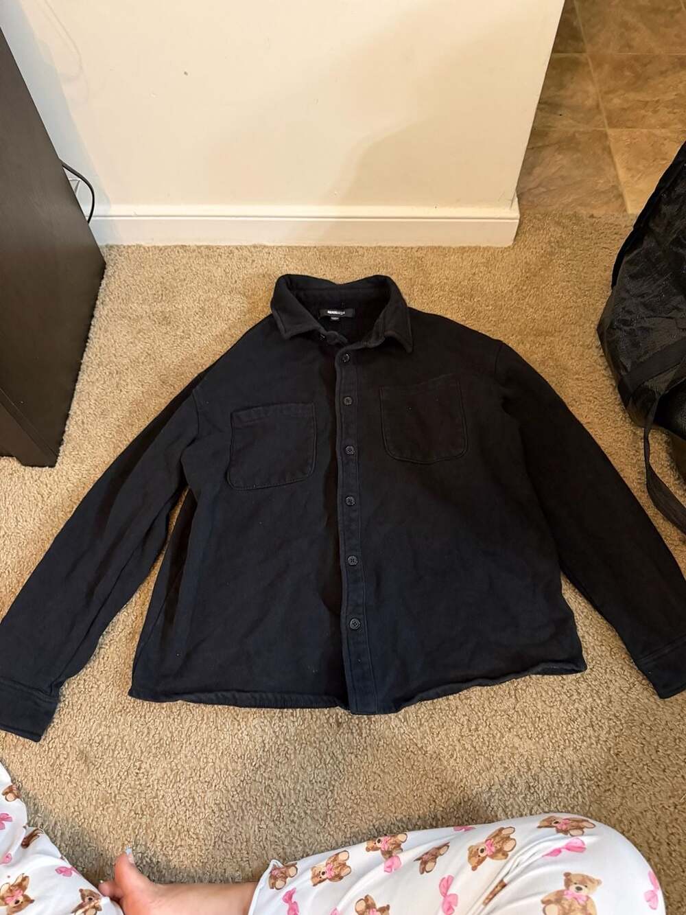 Novamen Black Button-Front Overshirt with Double Pockets